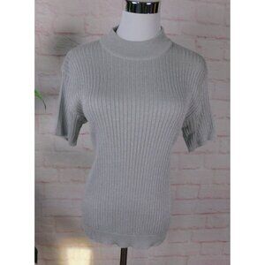 Baxter Wells Silver Ribbed Metallic Mock Neck Sweater Top L